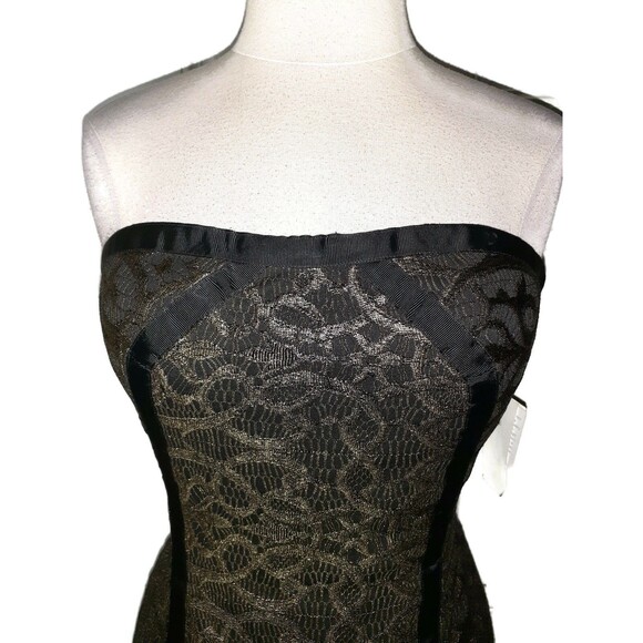 NEW AIDAN MATTOX Size 12 Sheath Dress Black Gold Shimmery Lace Strapless - Picture 2 of 6